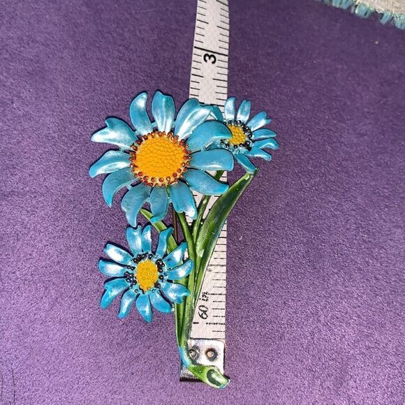 Vintage blue metallic enamel floral brooch pin- mid century - Picture 7 of 8